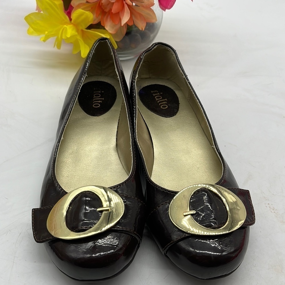 Rialto Gregonio Brown Patent Buckle Ballet Flat Sz 8. BFL1821B